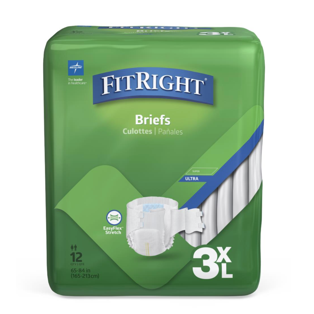 The FitRight 3XL Cloth-Like Adult Incontinence Briefs in green offer Maximum absorbency with EasyFlex Stretch. This pack includes 12 disposable briefs for waist sizes 65-84 inches and features Super and Ultra capabilities with advanced 4D Core technology, described in multiple languages.